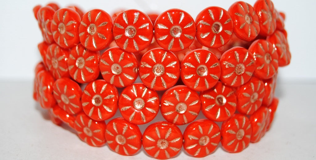 Flower Pressed Glass Beads, Deep Orange  54200 (93140 54200), Glass, Czech Republic