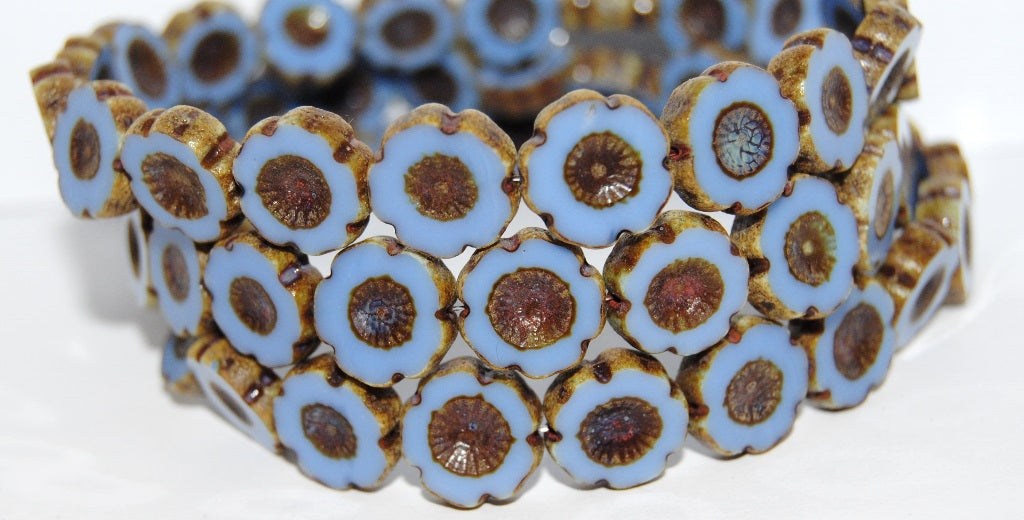 Table Cut Round Beads Hawaii Flowers, Opaque Blue Travertin (33020 86800), Glass, Czech Republic