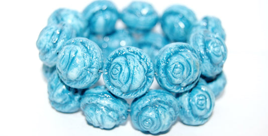 Round With Rose Flower Pressed Glass Beads, (Lava Glass Aqua), Glass, Czech Republic