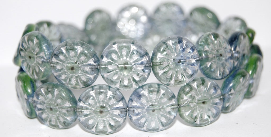 Flat Round With Flower Pressed Glass Beads, (87301 54201), Glass, Czech Republic