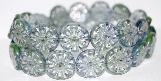 Flat Round With Flower Pressed Glass Beads, (87301 54201), Glass, Czech Republic