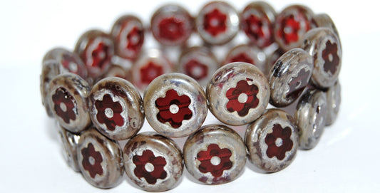 Table Cut Round Beads With Flower, Transparent Pink 43500 (70010 43500), Glass, Czech Republic