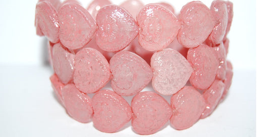 Heart With Flower Pressed Glass Beads, (Lava Glass 43608), Glass, Czech Republic