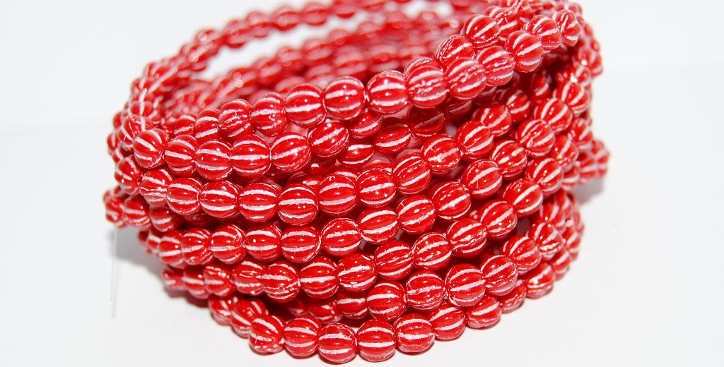 Melon Round Pressed Glass Beads With Stripes, Red 46401 (93190 46401), Glass, Czech Republic