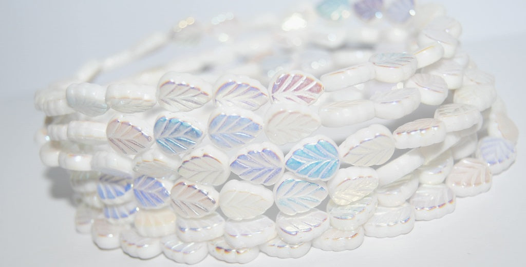 Lilac Leaf Pressed Glass Beads, Chalk White Ab 2Xside (3000 Ab 2Xside), Glass, Czech Republic