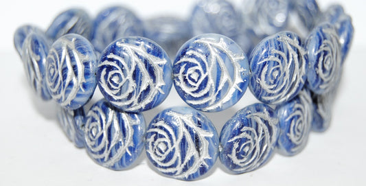 Round Flat Rose Flower Pressed Glass Beads, Opaque White Blue Striped 54201 (35000 54201), Glass, Czech Republic