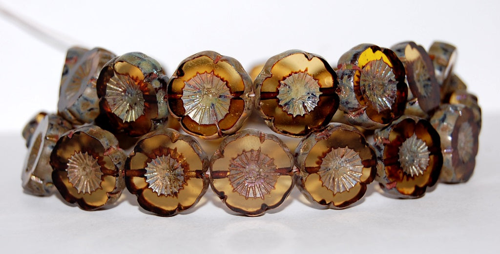 Table Cut Round Beads Hawaii Flowers, Transparent Brown 43400 (10210 43400), Glass, Czech Republic