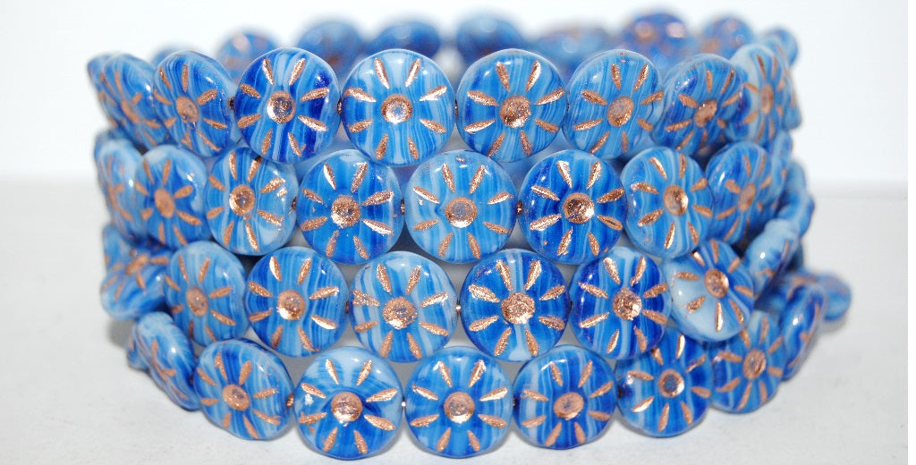 Flower Pressed Glass Beads, Opaque White Blue Striped 54200 (35000 54200), Glass, Czech Republic