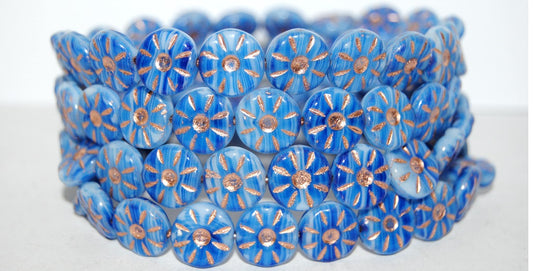 Flower Pressed Glass Beads, Opaque White Blue Striped 54200 (35000 54200), Glass, Czech Republic