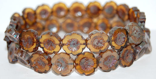 Table Cut Round Beads Hawaii Flowers, Opal Orange 43400 (11000 43400), Glass, Czech Republic