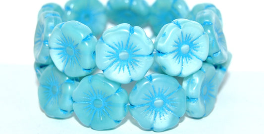 Hawaii Flower Pressed Glass Beads, Opal Aqua 46460 (61300 46460), Glass, Czech Republic