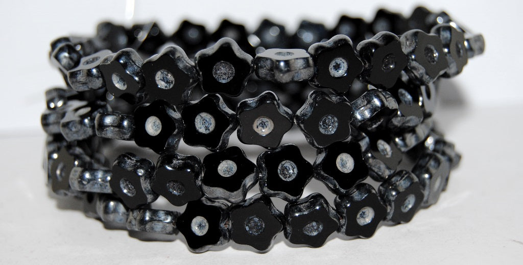 Table Cut Flower Beads With Dot, Black Luster Cream (23980 14401), Glass, Czech Republic