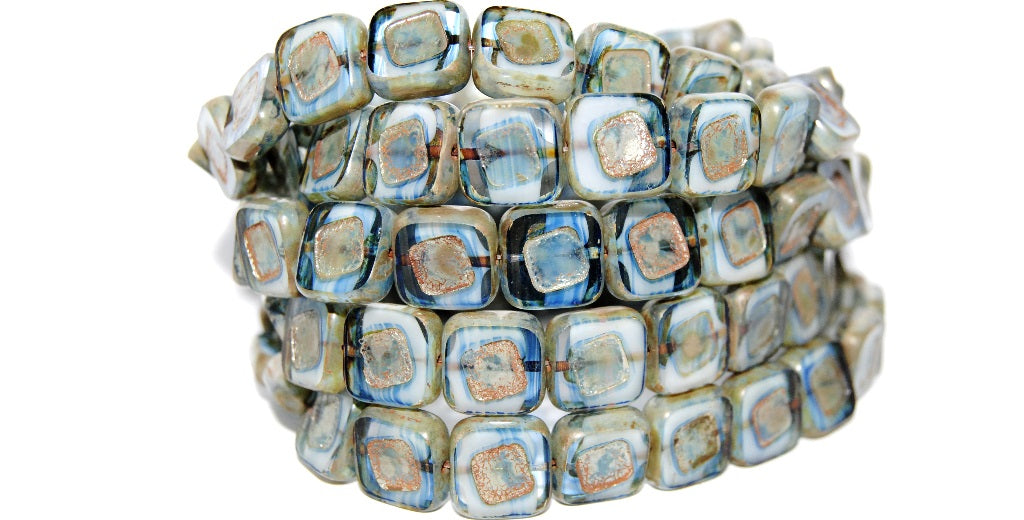 Table Cut Square Beads With Turned Square, Light Blue White Delay 43400 (65016 43400), Glass, Czech Republic