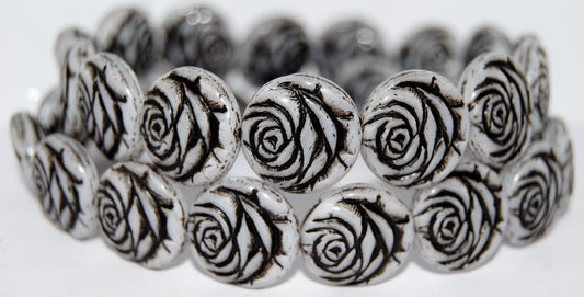 Round Flat Rose Flower Pressed Glass Beads, Opaque Amethyst 23202 (24000 23202), Glass, Czech Republic