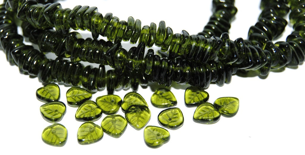 Lilac Leaf Pressed Glass Beads, Transparent Green (50230), Glass, Czech Republic