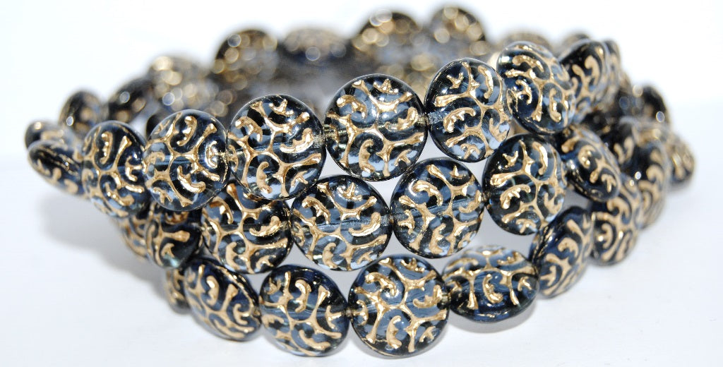 Lentil Round With Ornament Brain Pressed Glass Beads, Transparent Dark Blue 54202 (30320 54202), Glass, Czech Republic