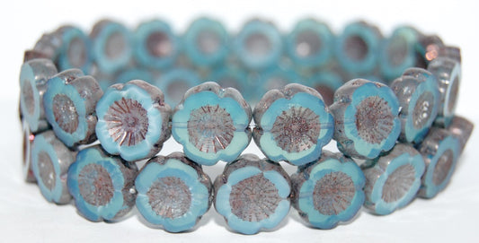 Table Cut Round Beads Hawaii Flowers, Opal Aqua Bronze (61000 14415), Glass, Czech Republic