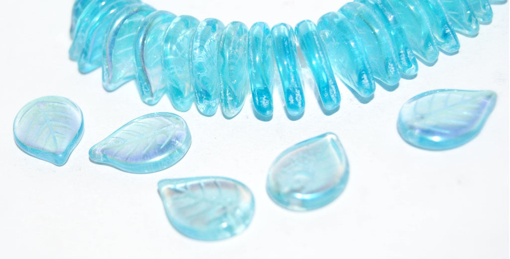 Leaf Pressed Glass Beads, Transparent Aqua Ab (60010 Ab), Glass, Czech Republic