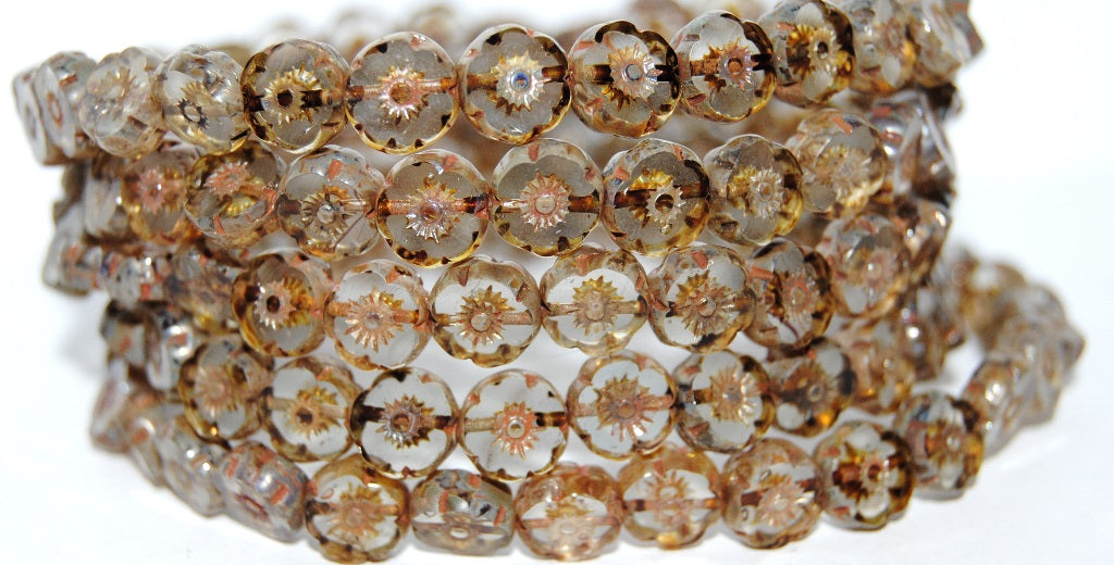 Table Cut Round Beads Hawaii Flowers, Gray 43400 (40010 43400), Glass, Czech Republic