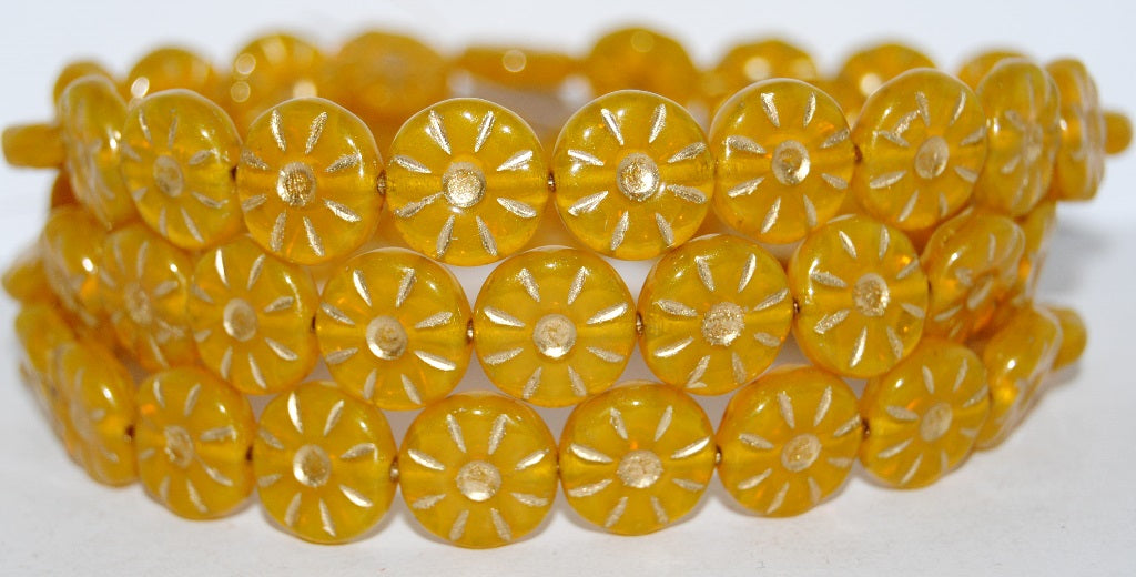 Flower Pressed Glass Beads, Opal Yellow 54202 (81210 54202), Glass, Czech Republic