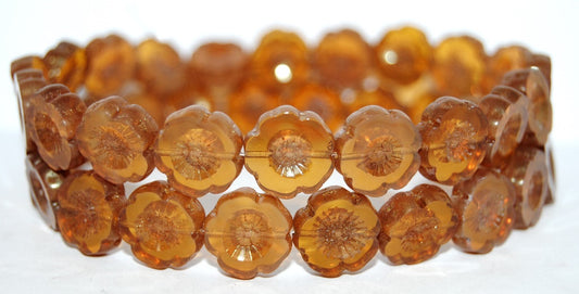 Table Cut Round Beads Hawaii Flowers, Opal Orange Luster Red Full Coated (11000 14495), Glass, Czech Republic