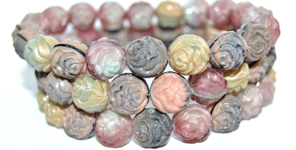 Round Rose Pressed Glass Beads, Mixed Colors Pink (Mix Pink), Glass, Czech Republic