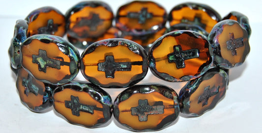 Table Cut Oval Beads With Cross, 17011 Travertin (17011 86800), Glass, Czech Republic
