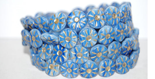 Flower Pressed Glass Beads, Opaque White Blue Striped 54202 (35000 54202), Glass, Czech Republic