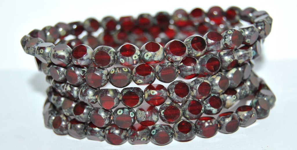 3-Cut Round Pressed Druck Glass Beads, Transparent Red 43500 (90100 43500), Glass, Czech Republic