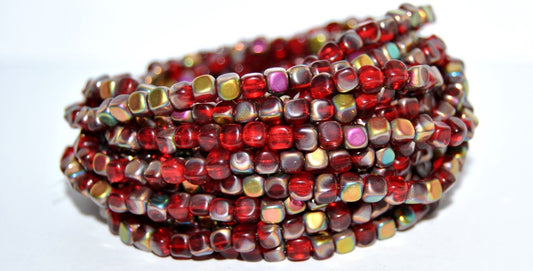 Czech Glass Pressed Beads Cube, Ruby Red 27105 (90080 27105), Glass, Czech Republic