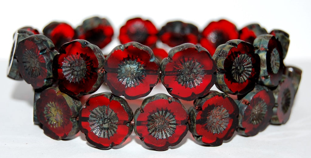 Table Cut Round Beads Hawaii Flowers, Ruby Red Travertin (90080 86800), Glass, Czech Republic