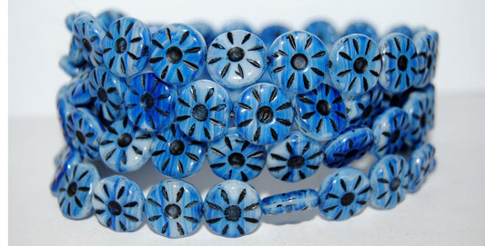 Flower Pressed Glass Beads, Opaque White Blue Striped 23202 (35000 23202), Glass, Czech Republic