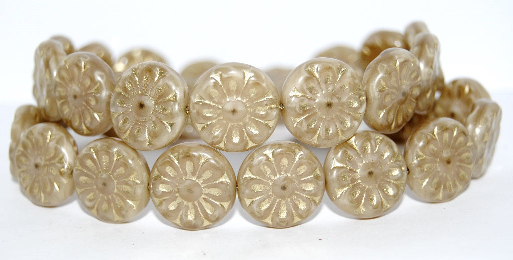 Flat Round With Flower Pressed Glass Beads, (17006 54202), Glass, Czech Republic