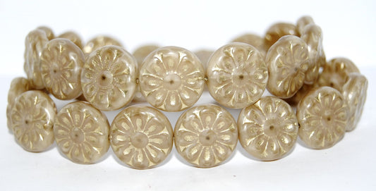 Flat Round With Flower Pressed Glass Beads, (17006 54202), Glass, Czech Republic