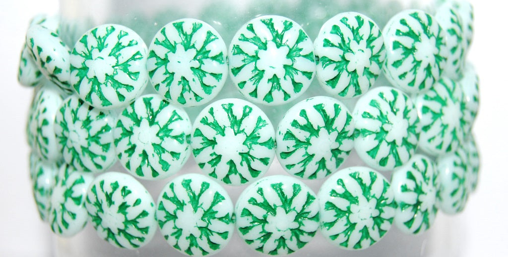 Round Flower Edelweiss Pressed Glass Beads, White 46450 (2010 46450), Glass, Czech Republic