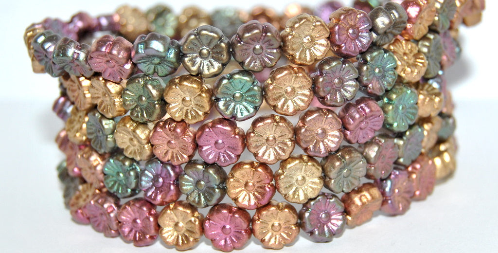 Hawaii Flower Pressed Glass Beads, Mix Of Metallic Colours Dyed (1640), Glass, Czech Republic