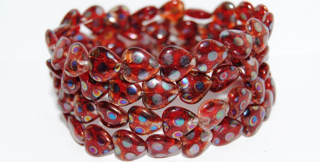 Heart Pressed Glass Beads, Mixed Colors Ruby Crack Dot (Mix Ruby Crack Dot), Glass, Czech Republic