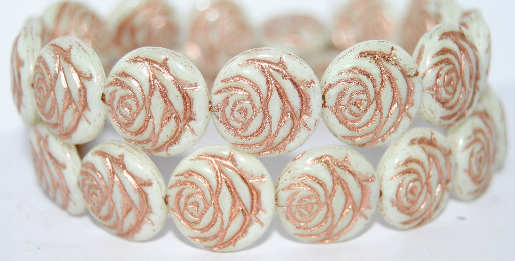 Round Flat Rose Flower Pressed Glass Beads, Beige 54200 (84000 54200), Glass, Czech Republic