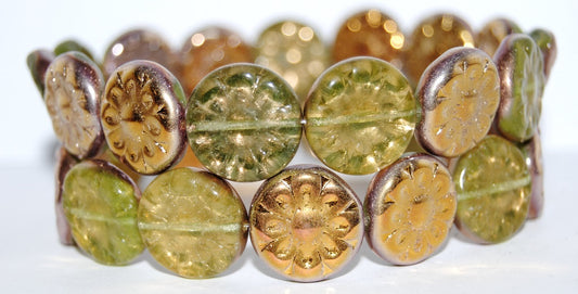 Flat Round With Flower Pressed Glass Beads, Transparent Yellow 27101 (80120 27101), Glass, Czech Republic