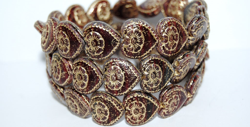Heart With Flower Pressed Glass Beads, (26907 54202), Glass, Czech Republic