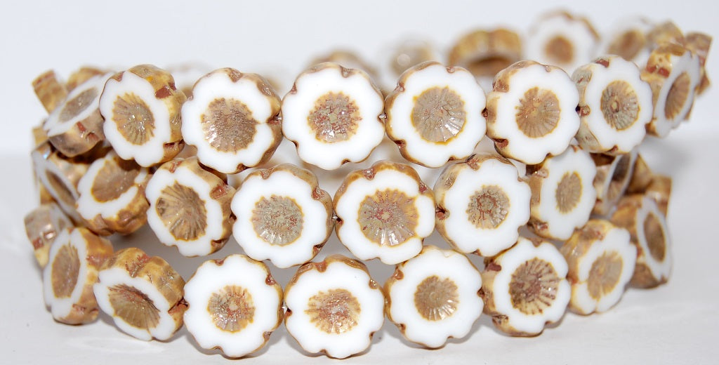 Table Cut Round Beads Hawaii Flowers, White 43400 (2010 43400), Glass, Czech Republic