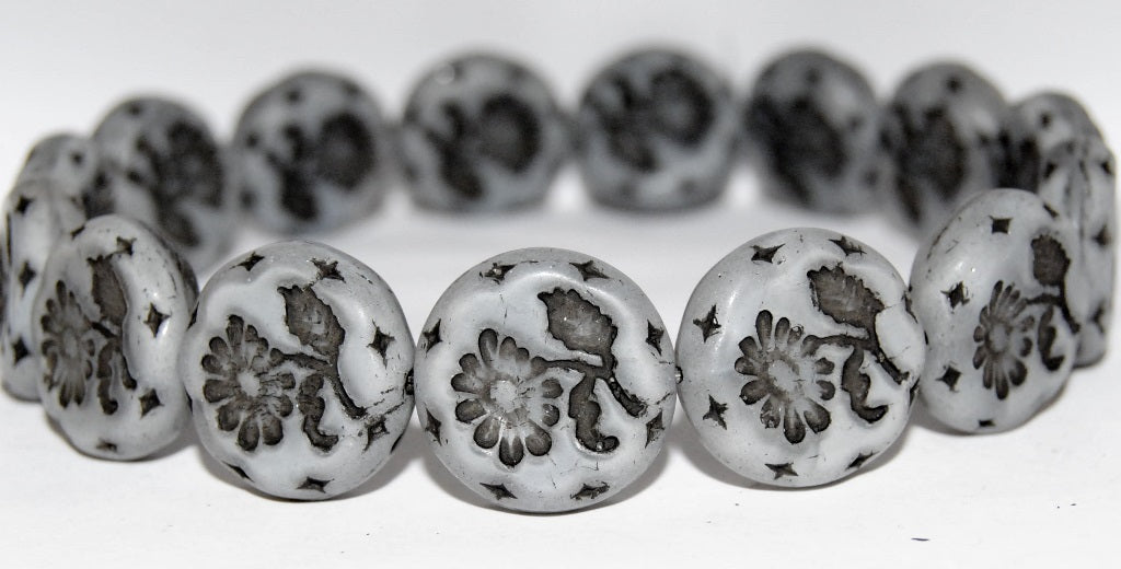 Round Flat With Flower Marguerite Pressed Glass Beads, (46016 23202), Glass, Czech Republic