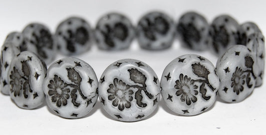 Round Flat With Flower Marguerite Pressed Glass Beads, (46016 23202), Glass, Czech Republic