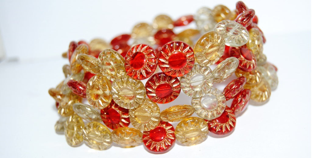 Round Flower Edelweiss Pressed Glass Beads, Red Mixed Colors 54202 (Red Mix 54202), Glass, Czech Republic