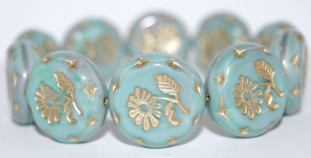 Round Flat With Flower Marguerite Pressed Glass Beads, (47514 54202), Glass, Czech Republic