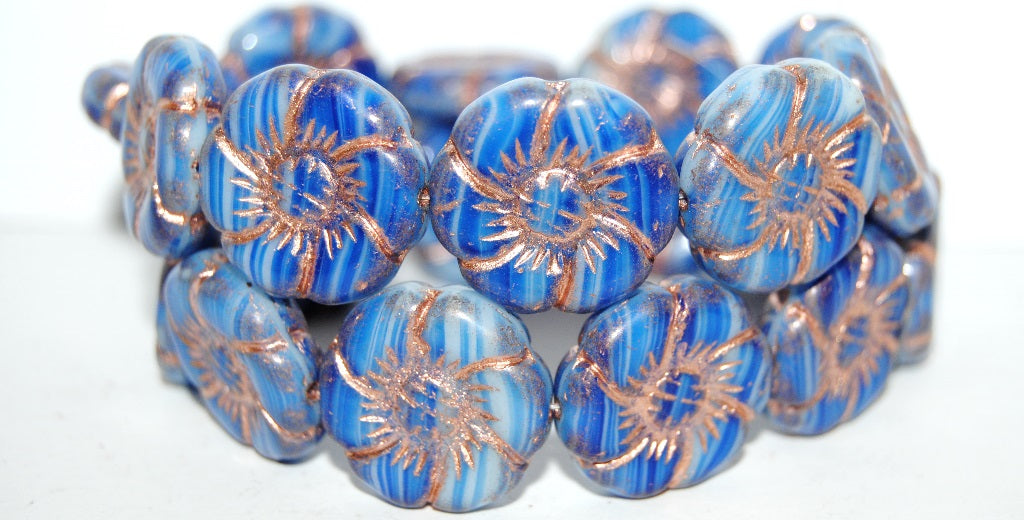 6-Petal Flower Pressed Glass Beads, Opaque White Blue Striped 54200 (35000 54200), Glass, Czech Republic