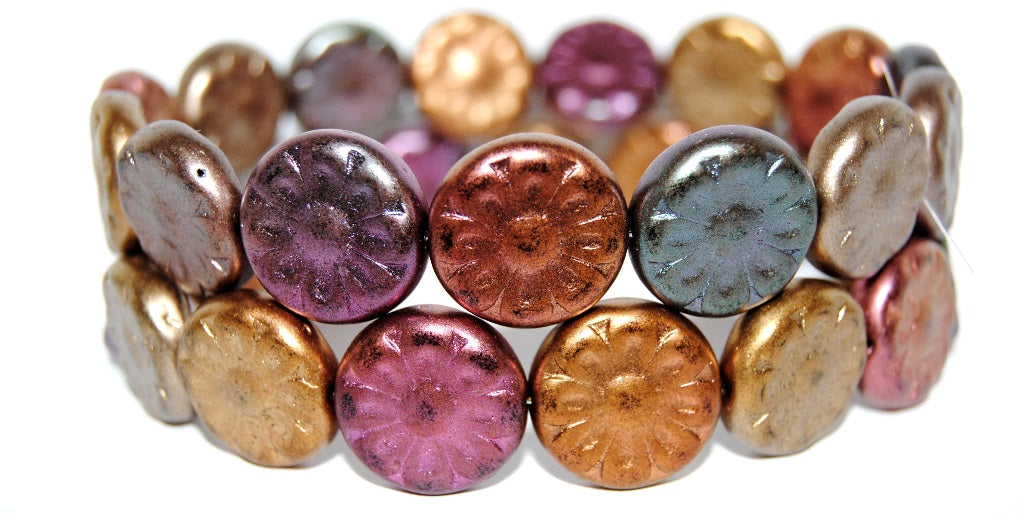 Flat Round With Flower Pressed Glass Beads, 2301620 (2301620), Glass, Czech Republic