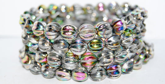 Melon Round Pressed Glass Beads With Stripes, Crystal Vit (30 Vit), Glass, Czech Republic