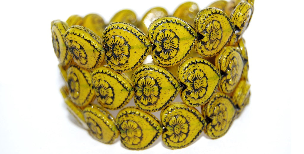 Heart With Flower Pressed Glass Beads, Opal Yellow 46769 (81210 46769), Glass, Czech Republic