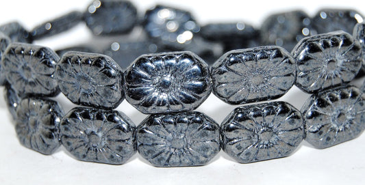 Rounded Rectangle With Flower Pressed Glass Beads, Black Hematite (23980 14400), Glass, Czech Republic